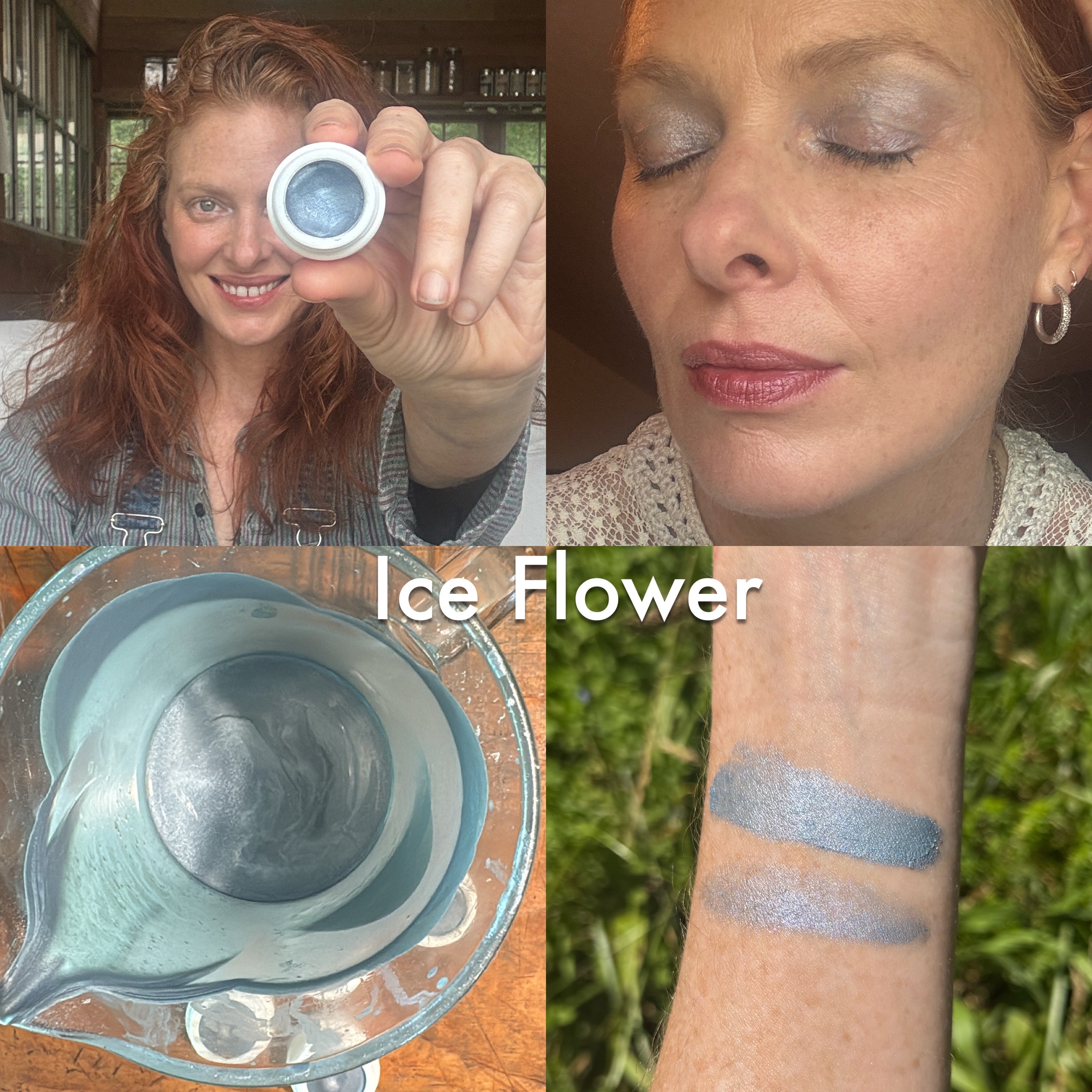 Collage of a woman holding a product, close-up of her face, product in a container, and swatches on skin.