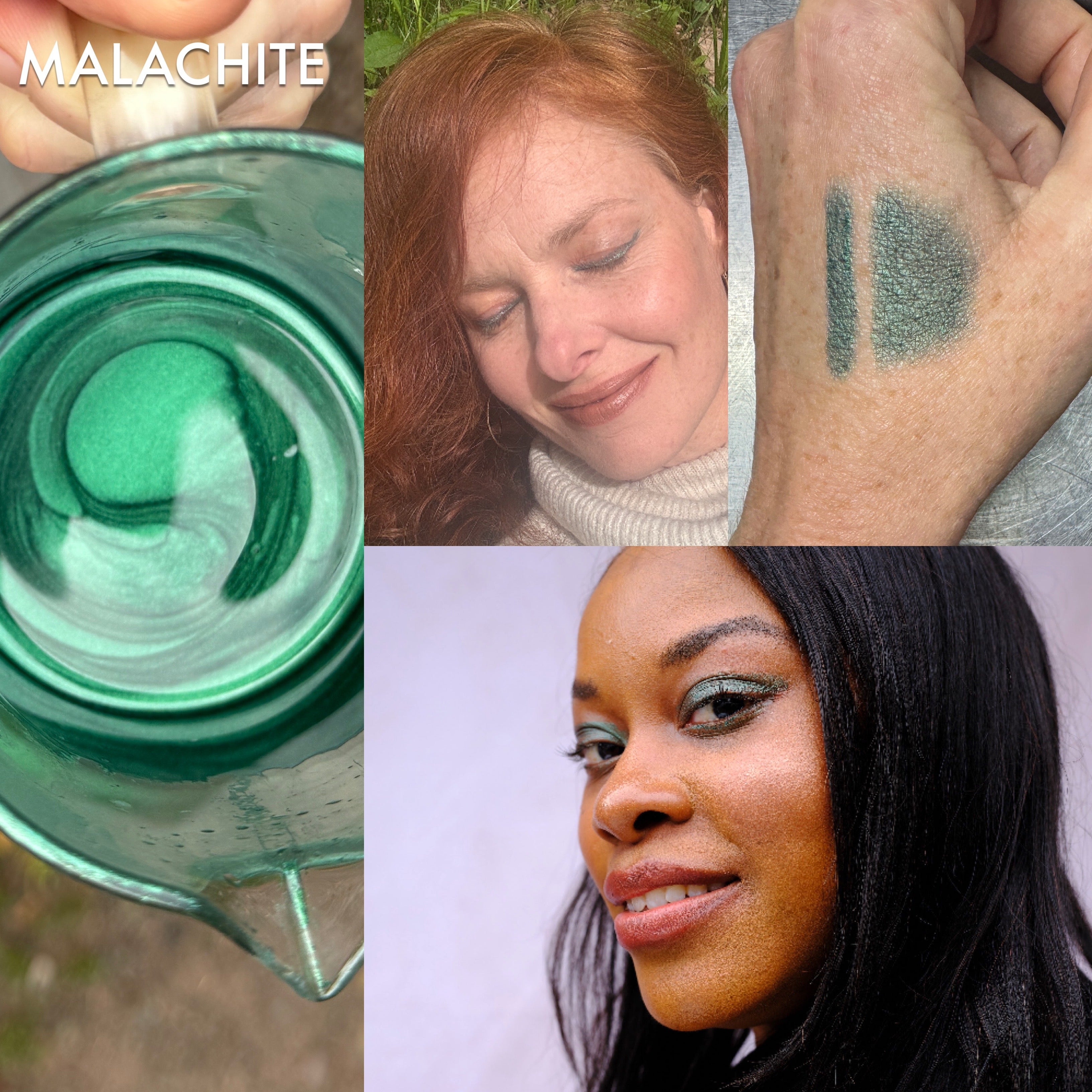 Collage of malachite color swatch, application on skin, and close-up of a woman with green makeup.