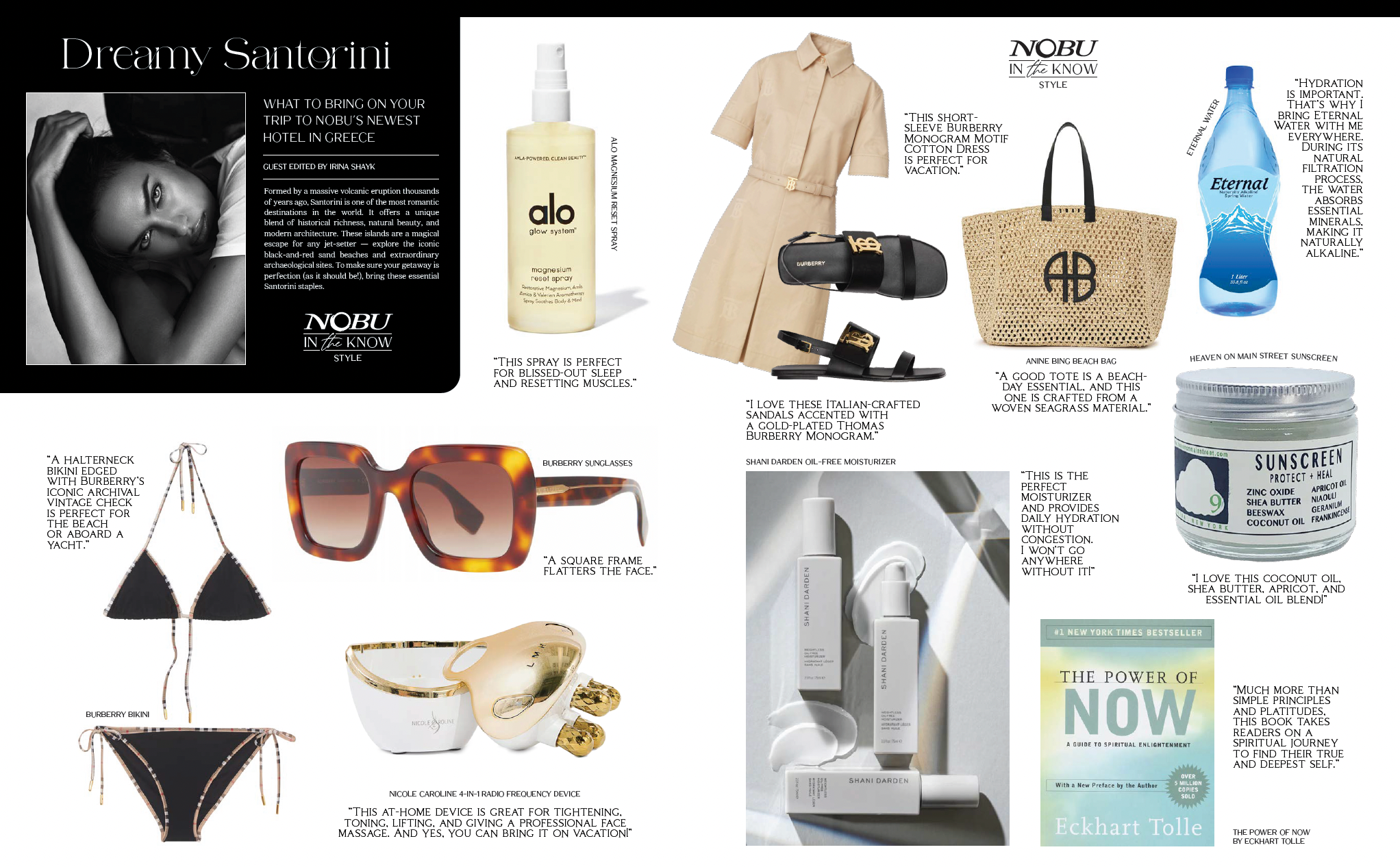 Product advertisement collage with various items including a bottle, sunglasses, and a bag.
